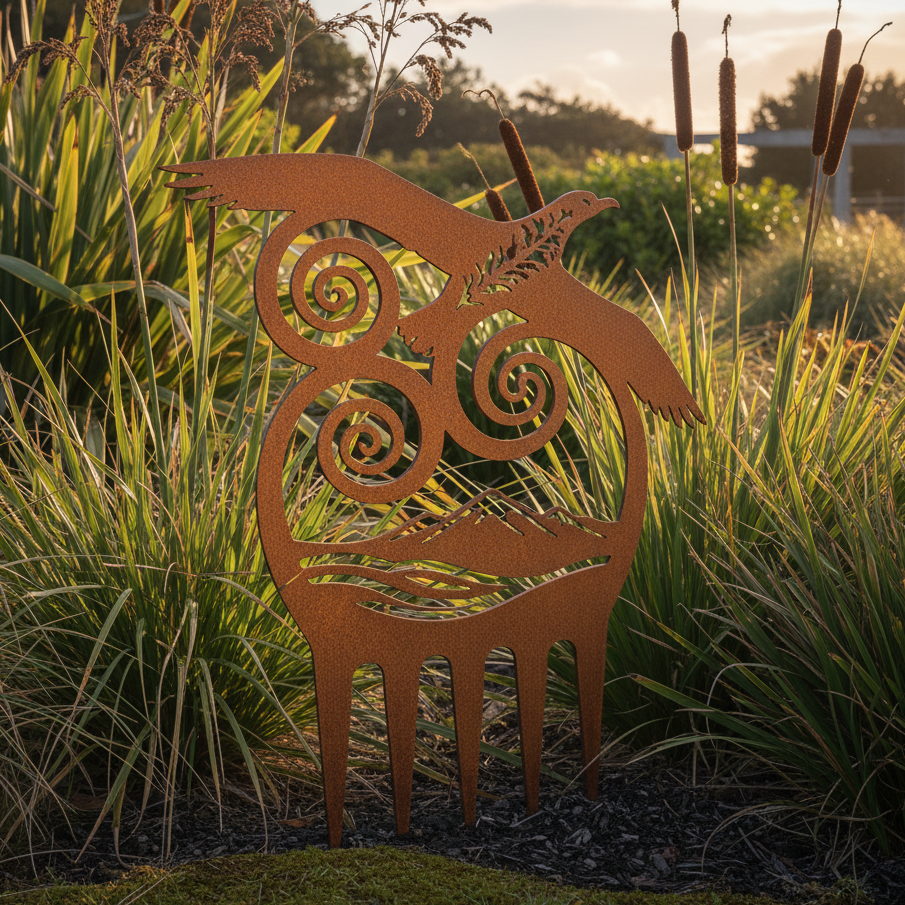 Decorative metal sculpture of a deer in a garden setting with tall grasses and plants.