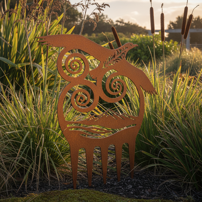 Decorative metal sculpture of a deer in a garden setting with tall grasses and plants.