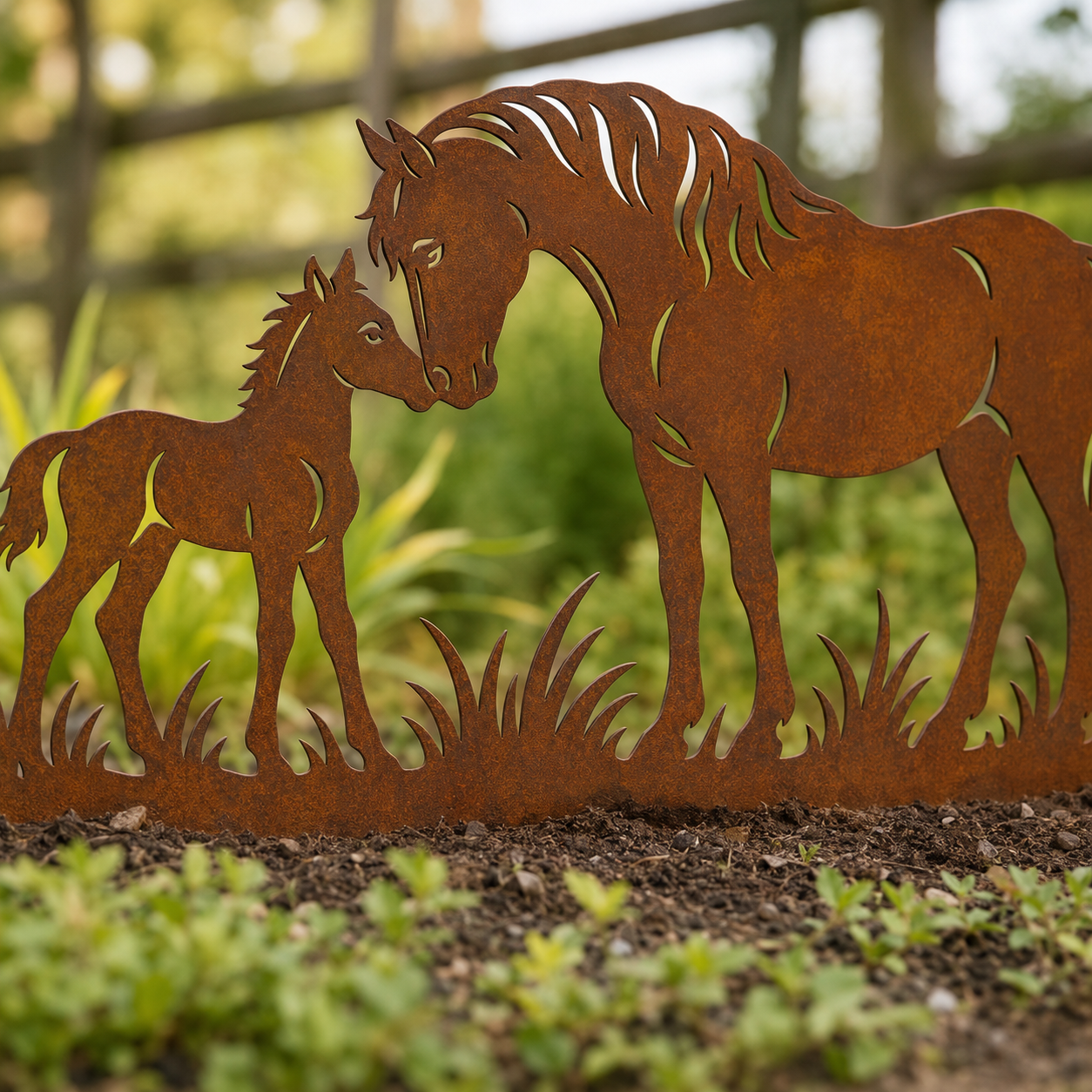 Close-up of the Horse and Foal design and naturally weathered Corten finish