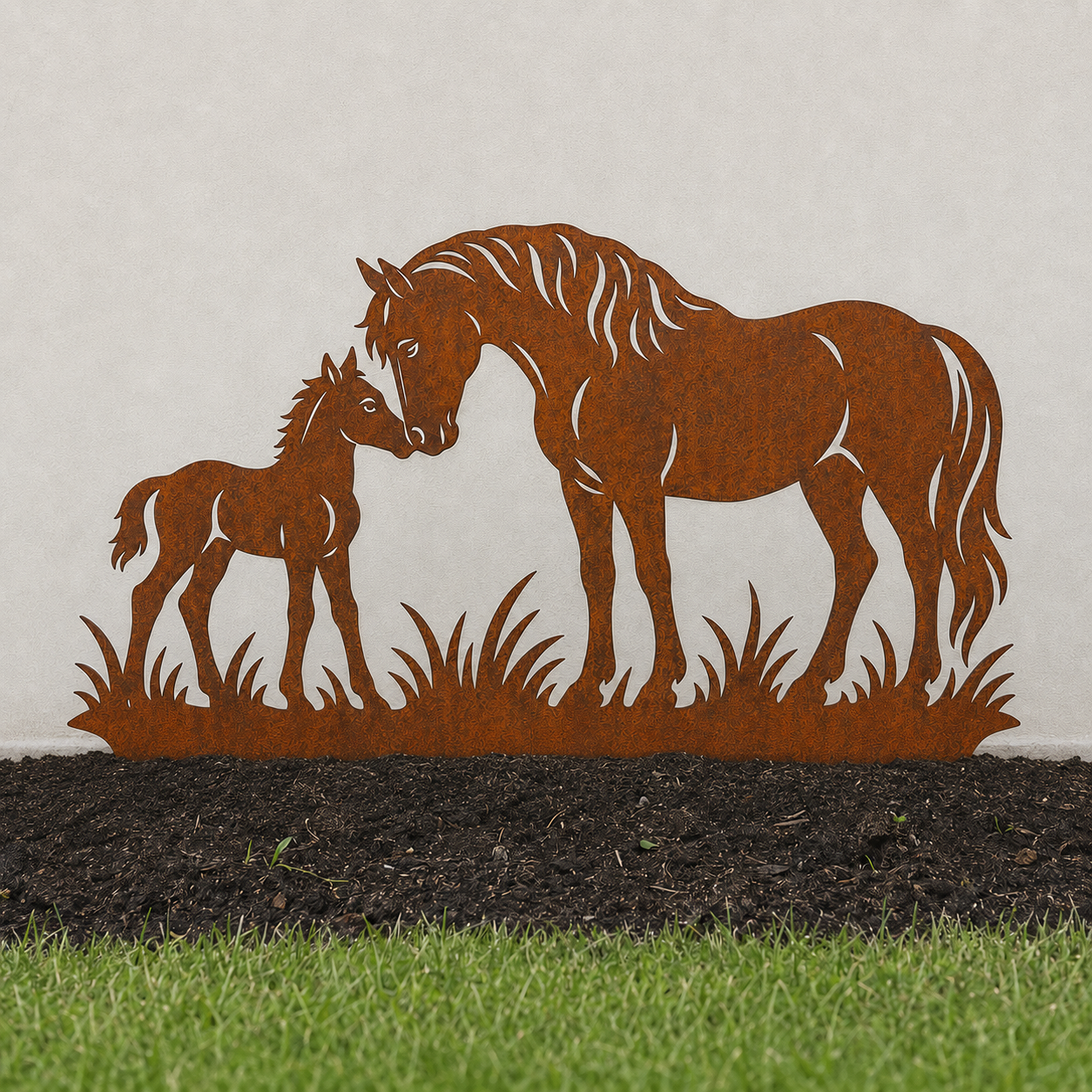 Horse and Foal garden art in naturally weathered Corten steel – hero view