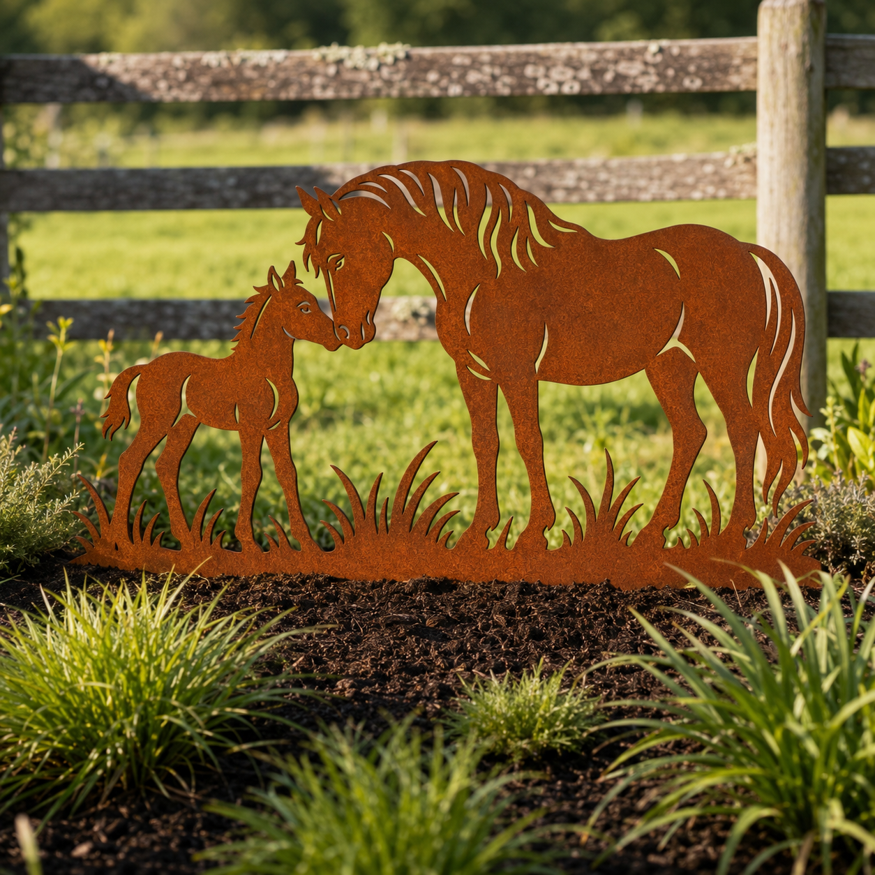 Horse and Foal Corten steel garden art installed in a lifestyle setting