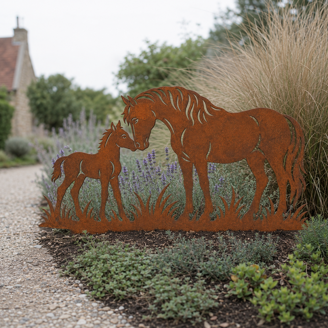 Horse and Foal Corten steel garden art in an alternative lifestyle setting