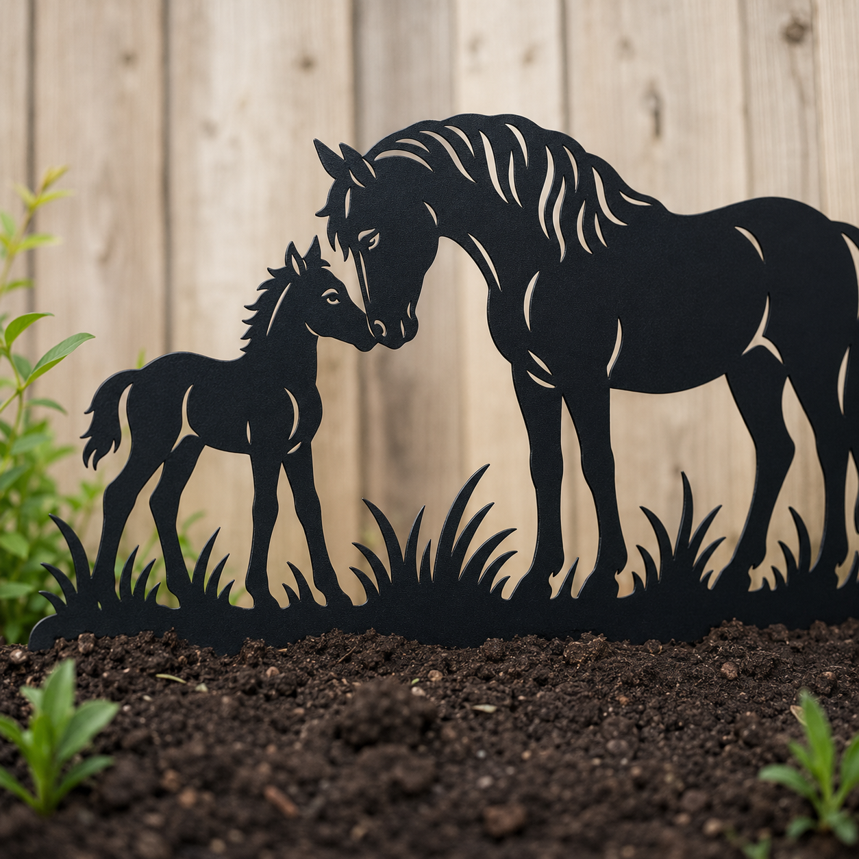 Close-up of the Horse and Foal design and matte black powder-coated finish