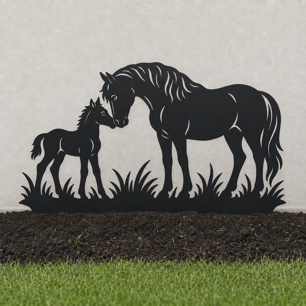Horse and Foal garden art in matte black powder coating – hero view