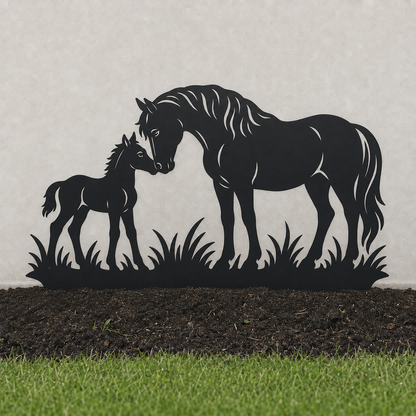 Horse and Foal garden art in matte black powder coating – hero view