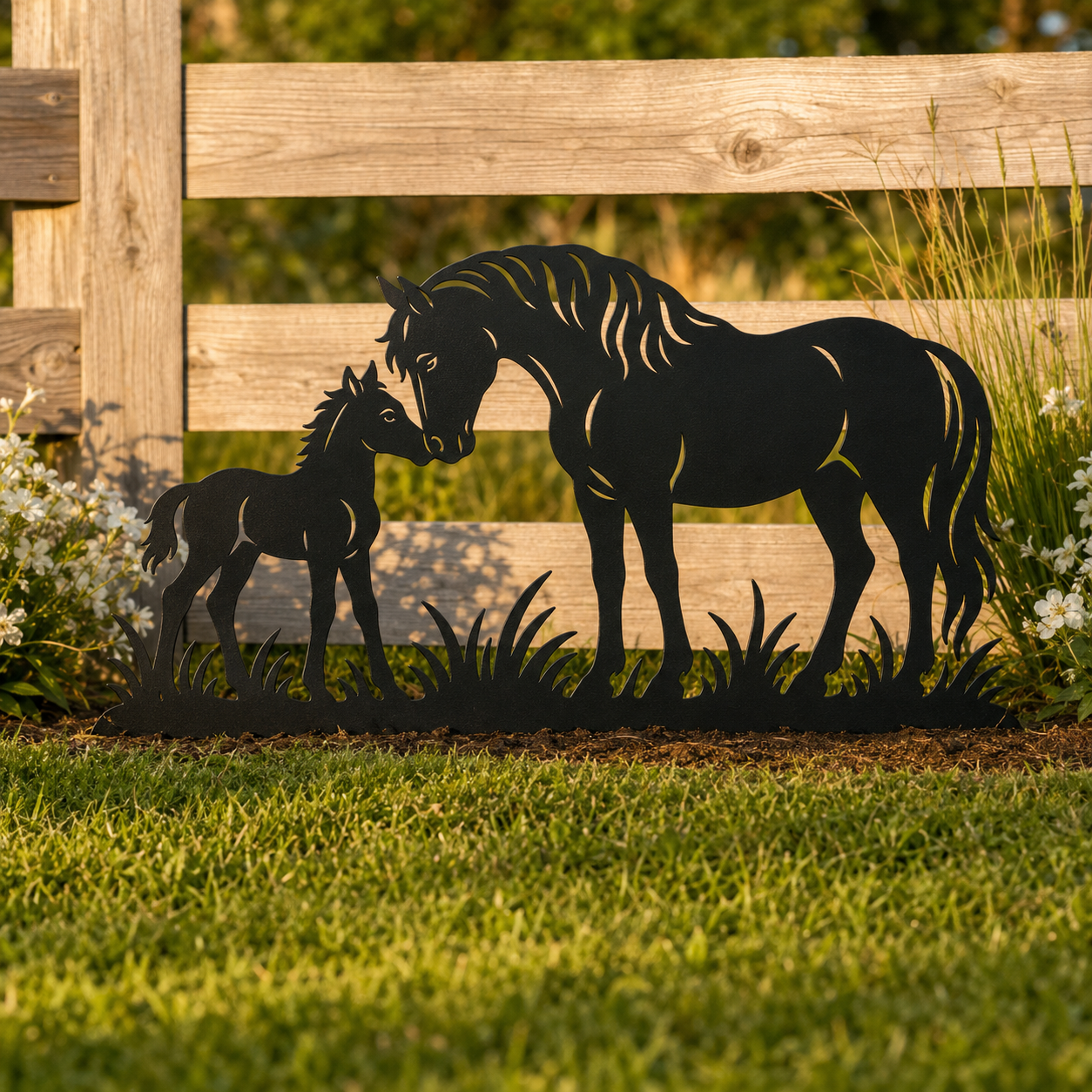 Horse and Foal matte black garden art installed in a lifestyle setting