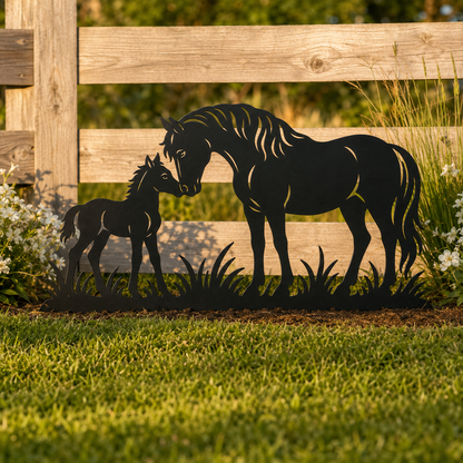 Horse and Foal matte black garden art installed in a lifestyle setting
