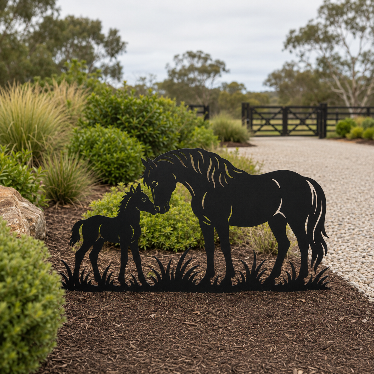Horse and Foal matte black garden art in an alternative lifestyle setting
