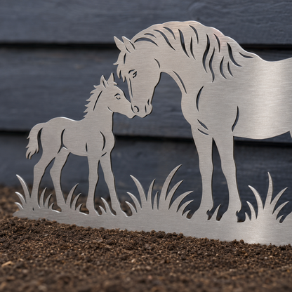 Close-up of the Horse and Foal design and brushed stainless finish