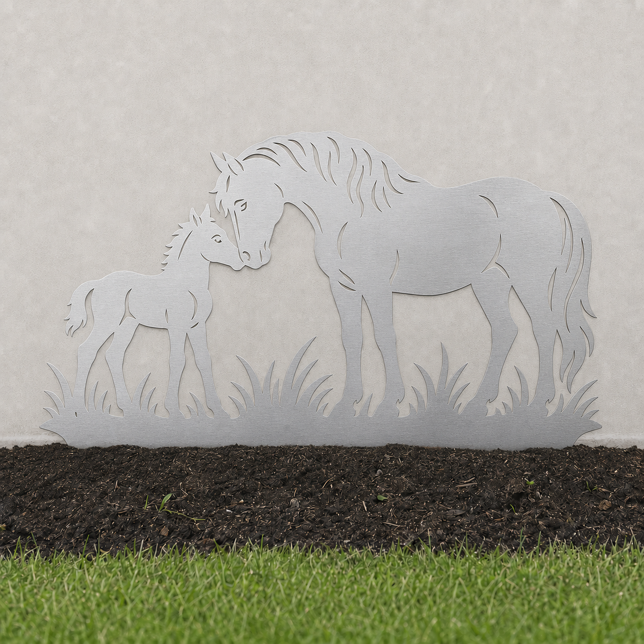 Horse and Foal garden art in brushed stainless steel – hero view