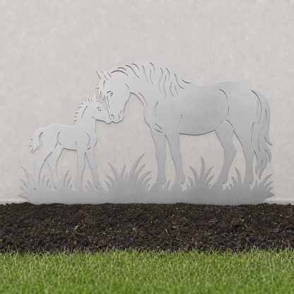 Horse and Foal garden art in brushed stainless steel – hero view