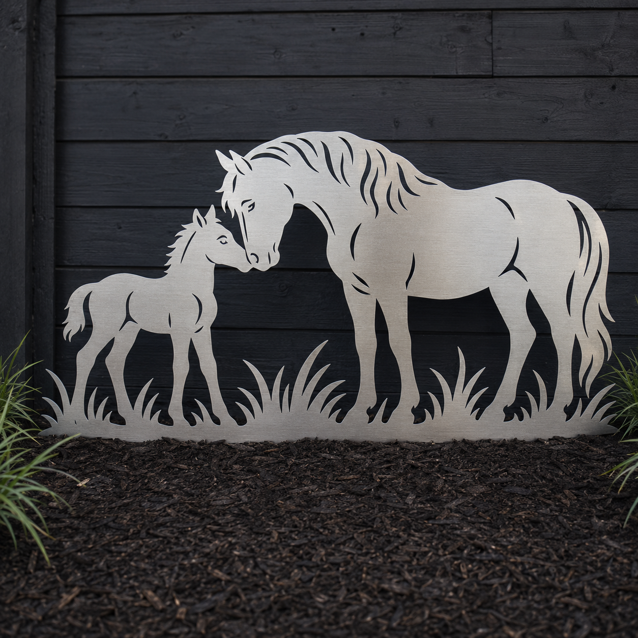 Horse and Foal brushed stainless garden art installed in a lifestyle setting