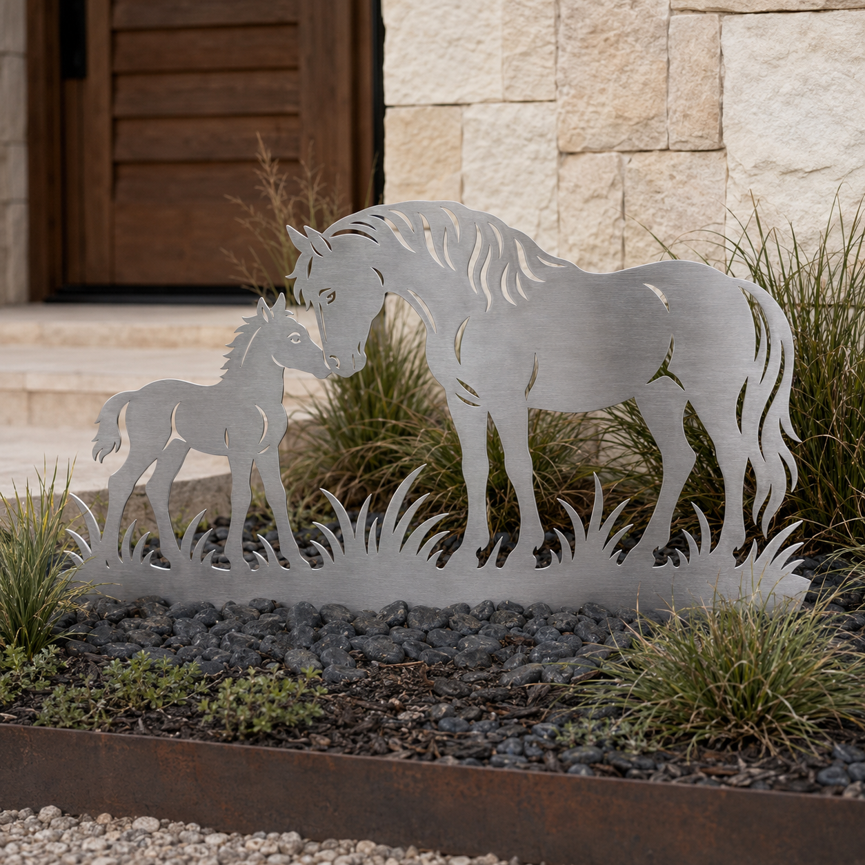 Horse and Foal brushed stainless garden art in an alternative lifestyle setting