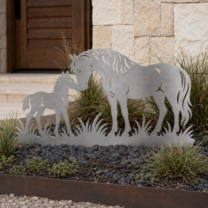 Horse and Foal brushed stainless garden art in an alternative lifestyle setting