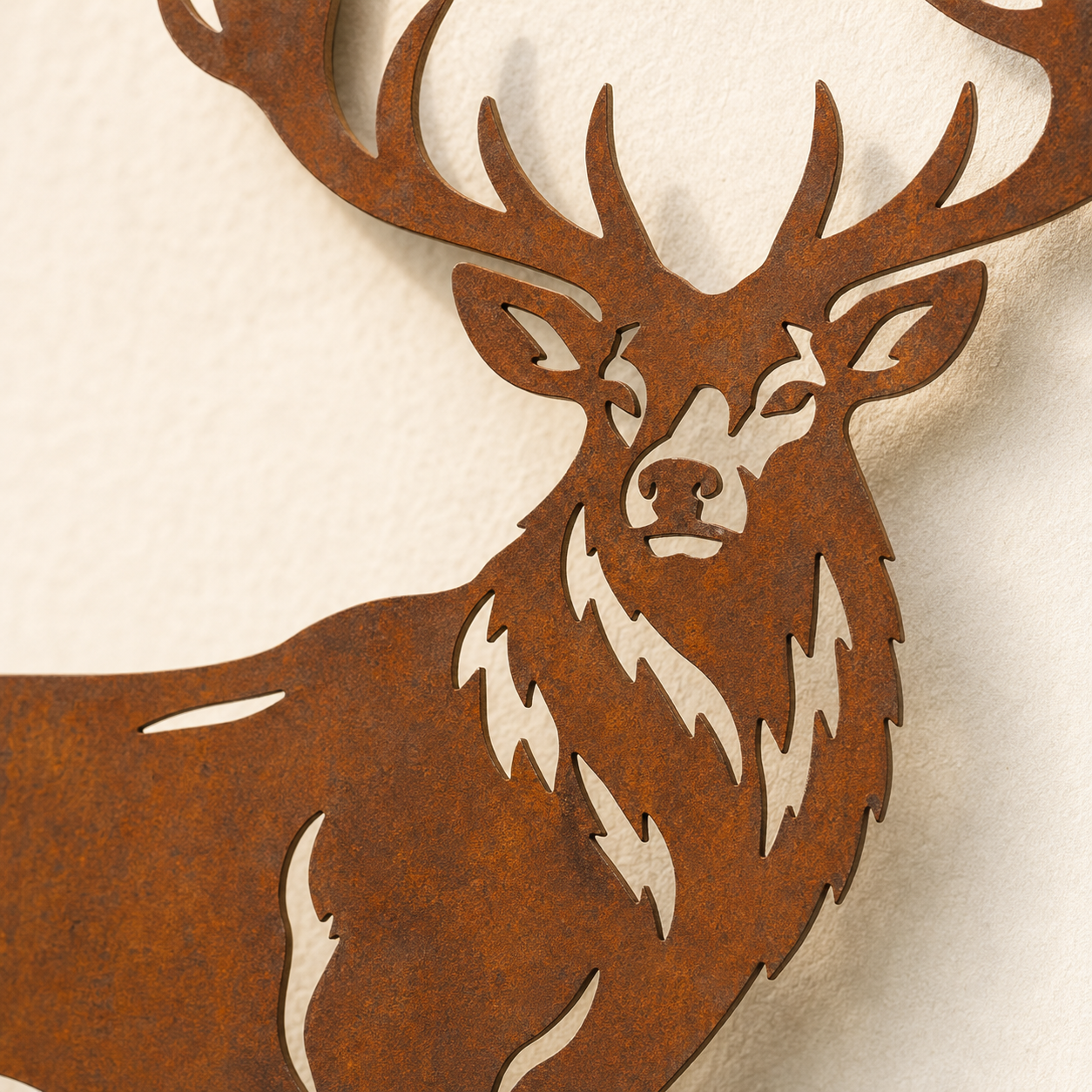 Close-up of the Red Stag design and naturally weathered Corten finish