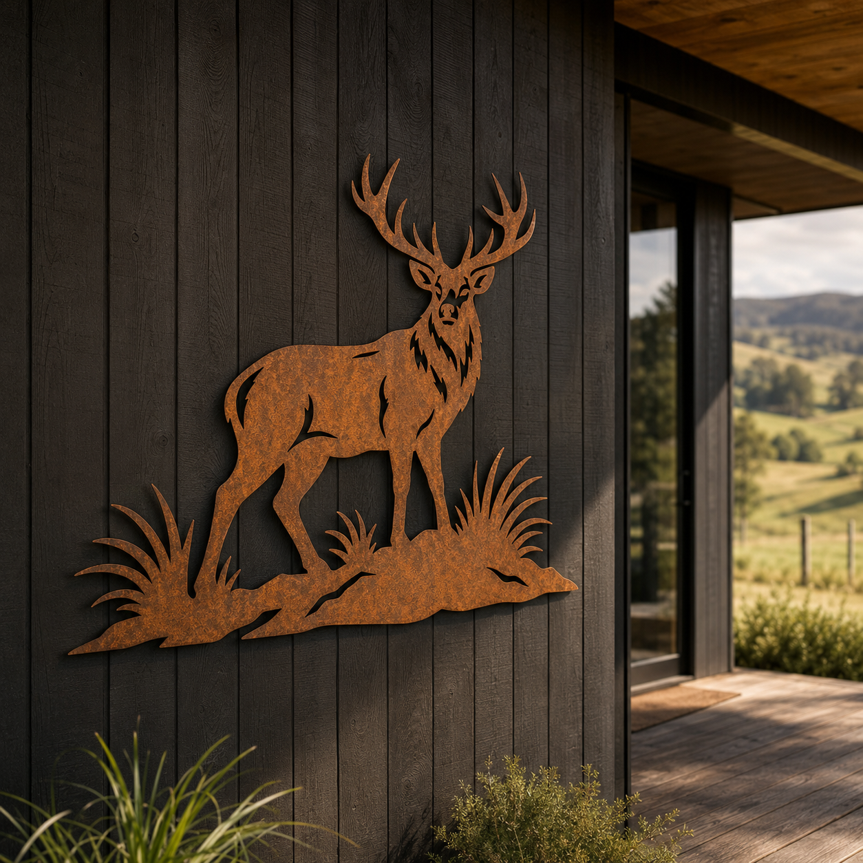Red Stag Corten steel wall art displayed in a New Zealand lifestyle setting