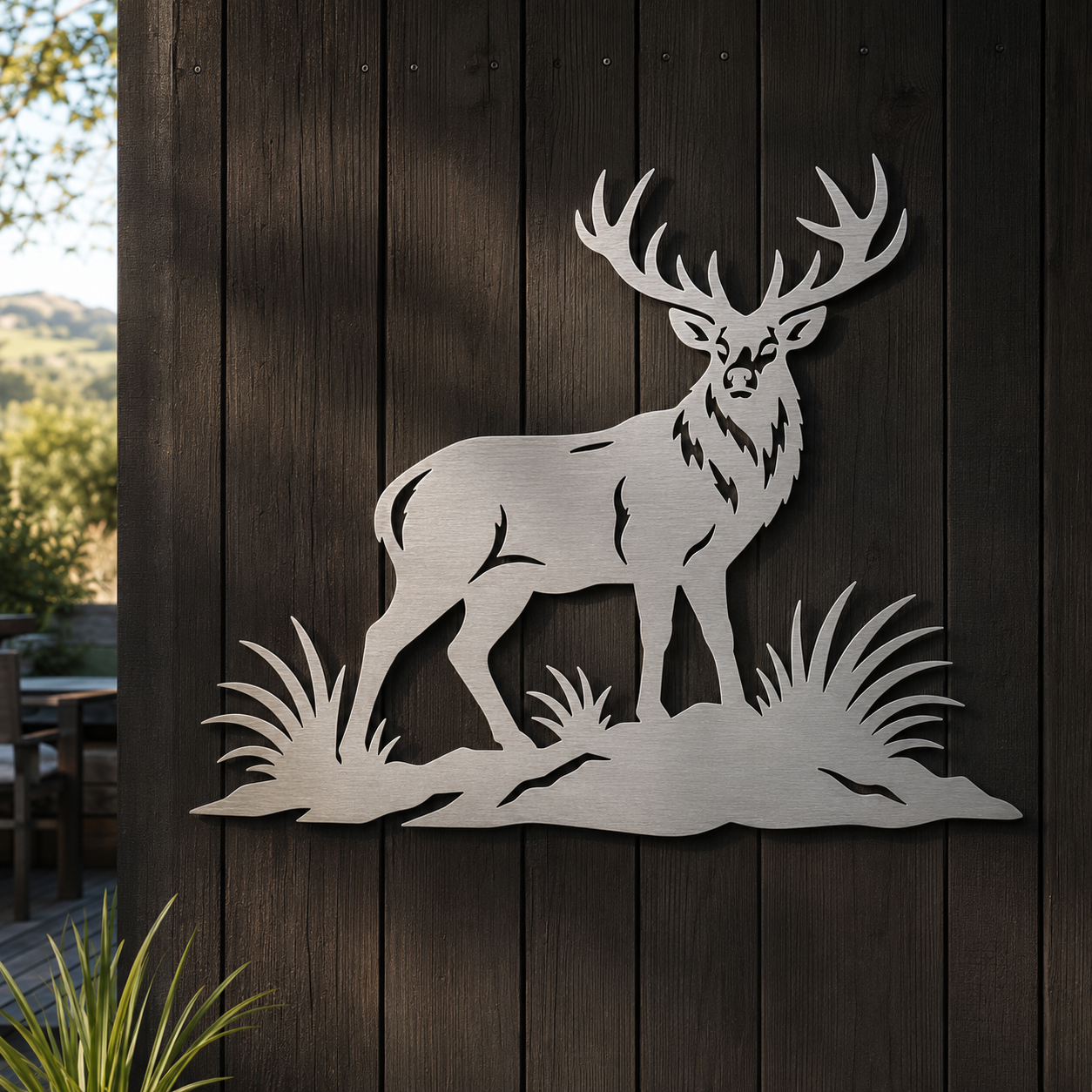 Red Stag brushed stainless steel wall art in an alternative lifestyle setting