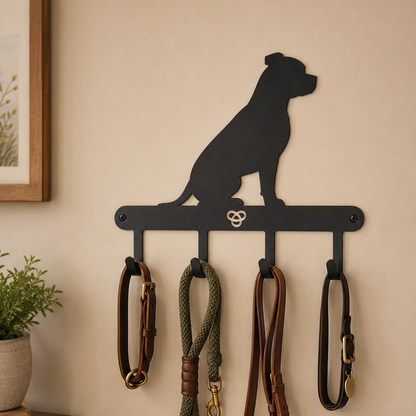Black powder-coated Staffordshire Bull Terrier sitting coat and lead rack with four hooks
