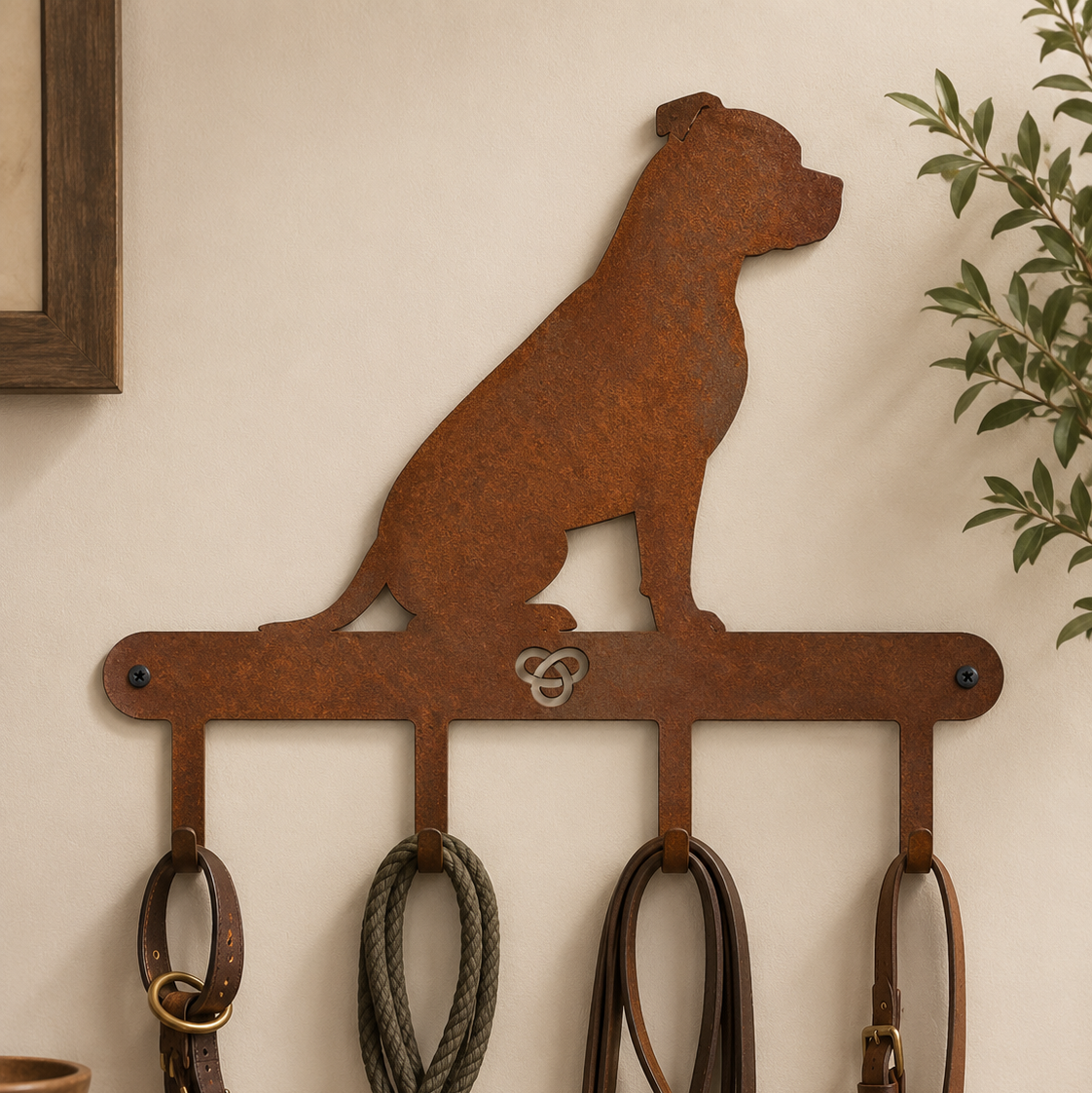 Corten steel Staffordshire Bull Terrier sitting coat and lead rack with four hooks