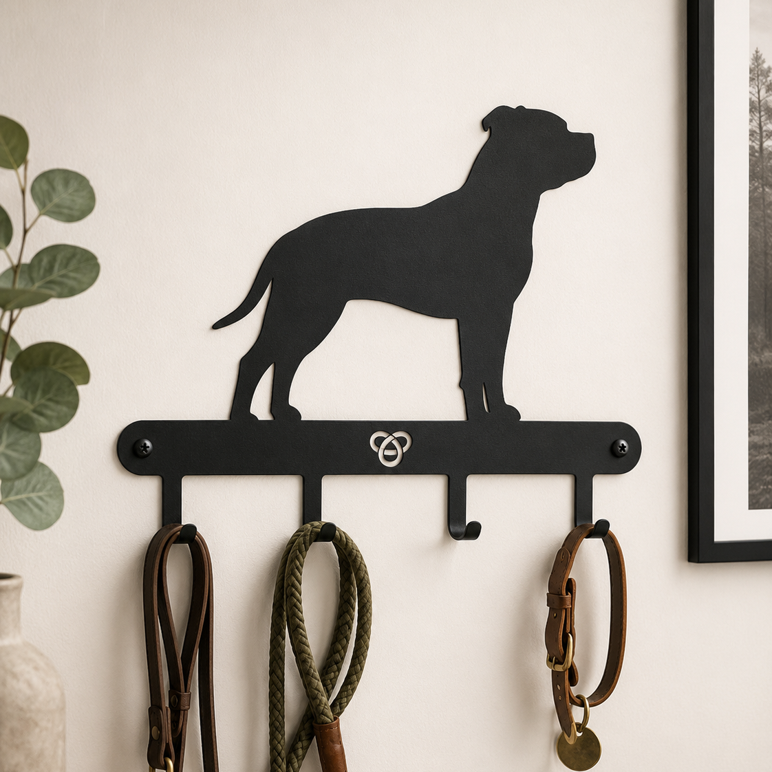 Black powder-coated Staffordshire Bull Terrier standing coat and lead rack with four hooks