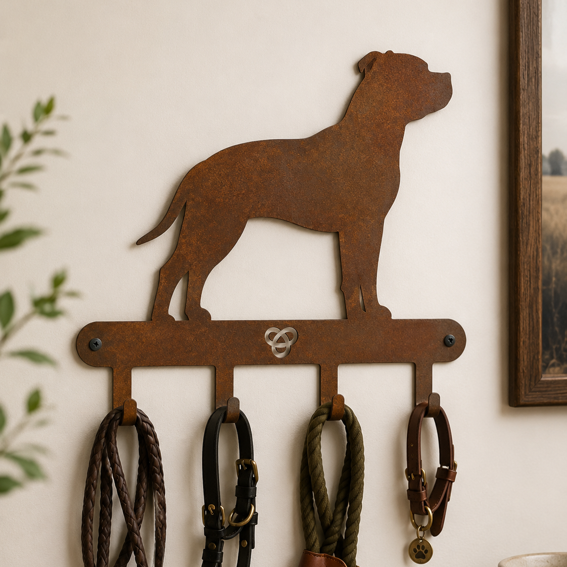 Corten steel Staffordshire Bull Terrier standing coat and lead rack with four hooks