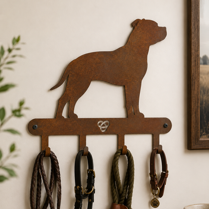 Corten steel Staffordshire Bull Terrier standing coat and lead rack with four hooks