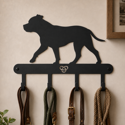 Black powder-coated Staffordshire Bull Terrier walking coat and lead rack with four hooks