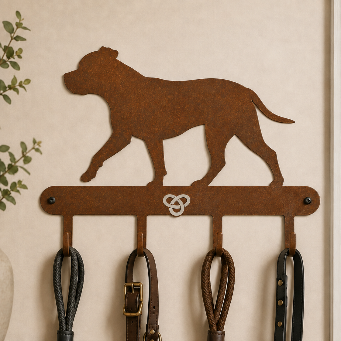 Corten steel Staffordshire Bull Terrier walking coat and lead rack with four hooks