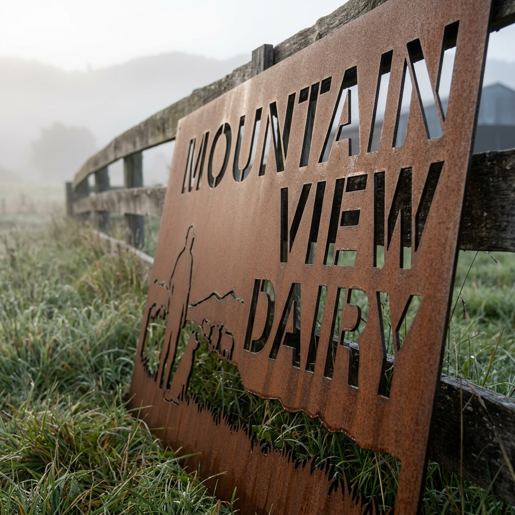 Custom Corten farm sign at a gateway