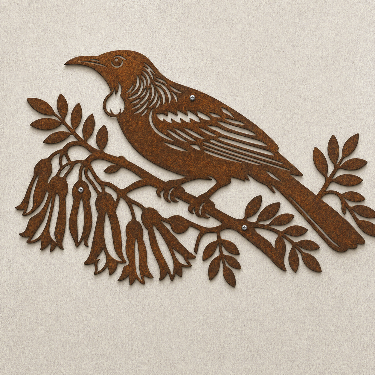 Corten steel Tui Bird wall art – front view
