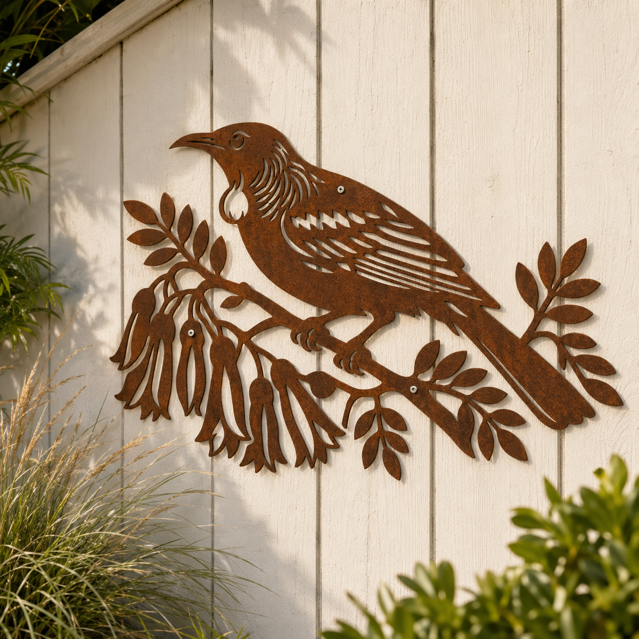 Corten steel Tui Bird wall art displayed outdoors