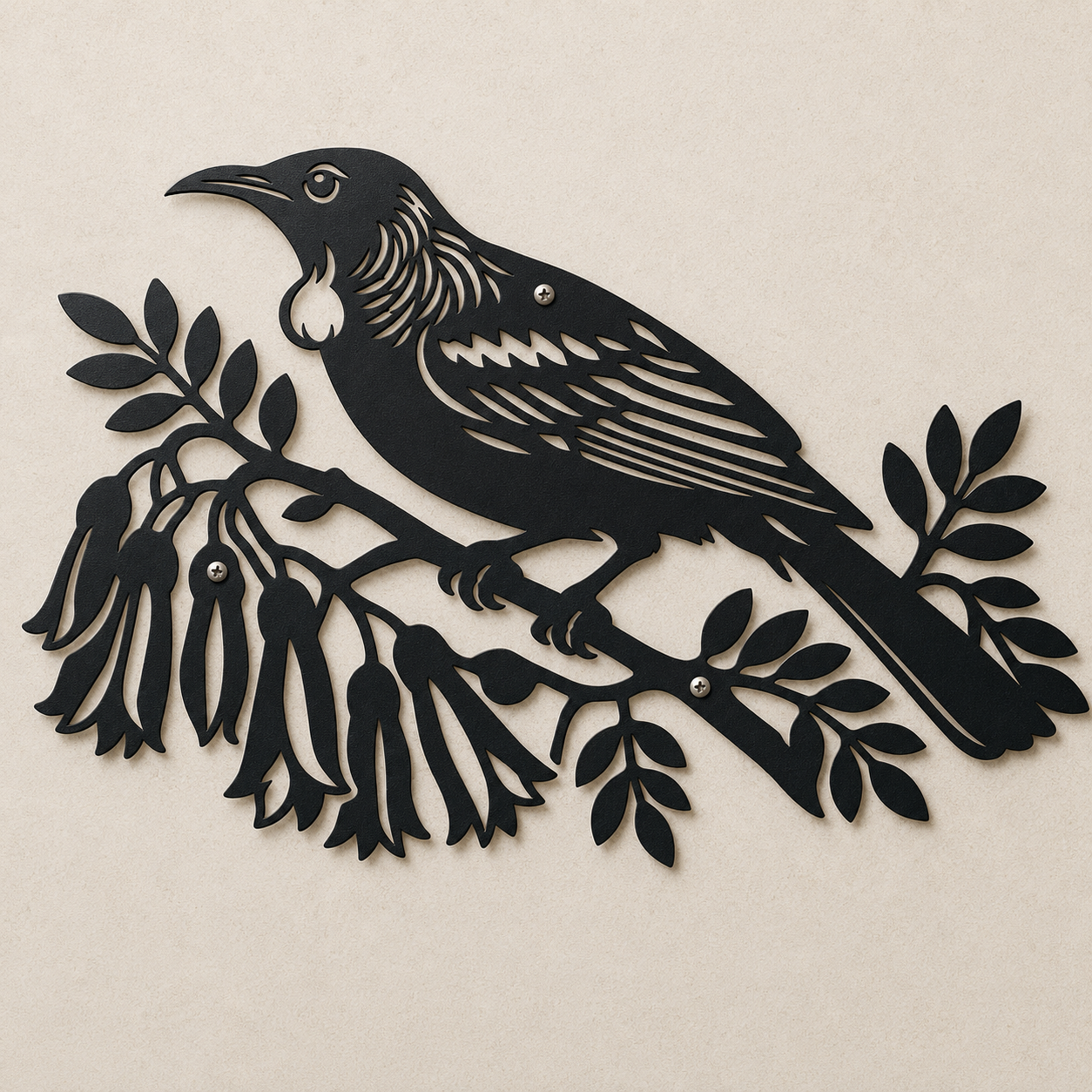 Powder-coated black Tui Bird wall art – front view
