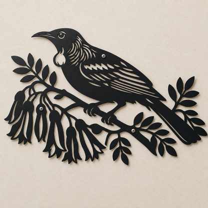 Powder-coated black Tui Bird wall art – front view