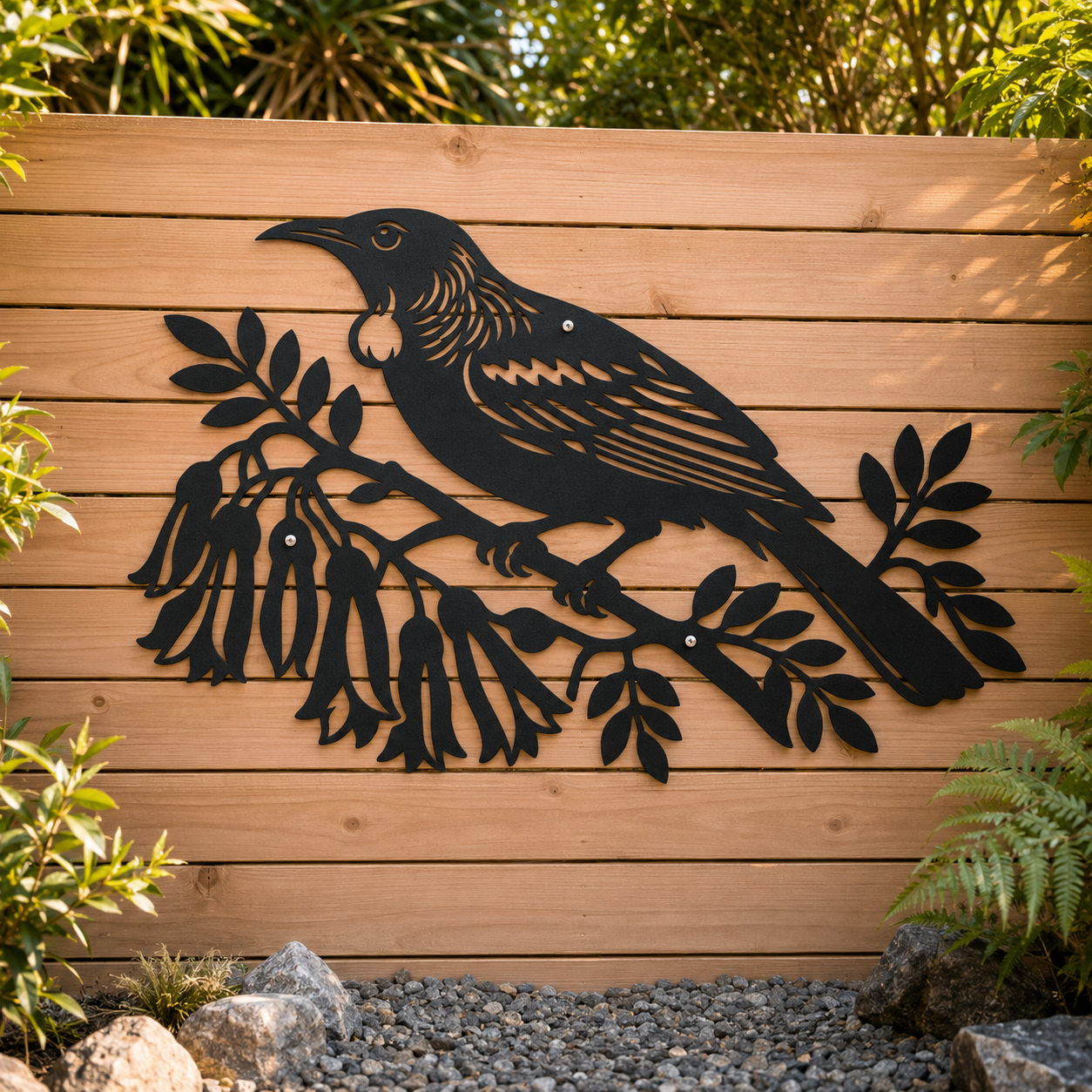 Powder-coated black Tui Bird wall art displayed outdoors