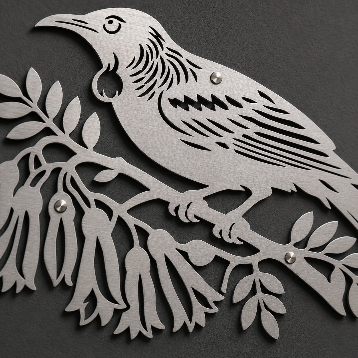 Close-up of laser-cut stainless steel Tui Bird wall art