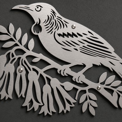 Close-up of laser-cut stainless steel Tui Bird wall art