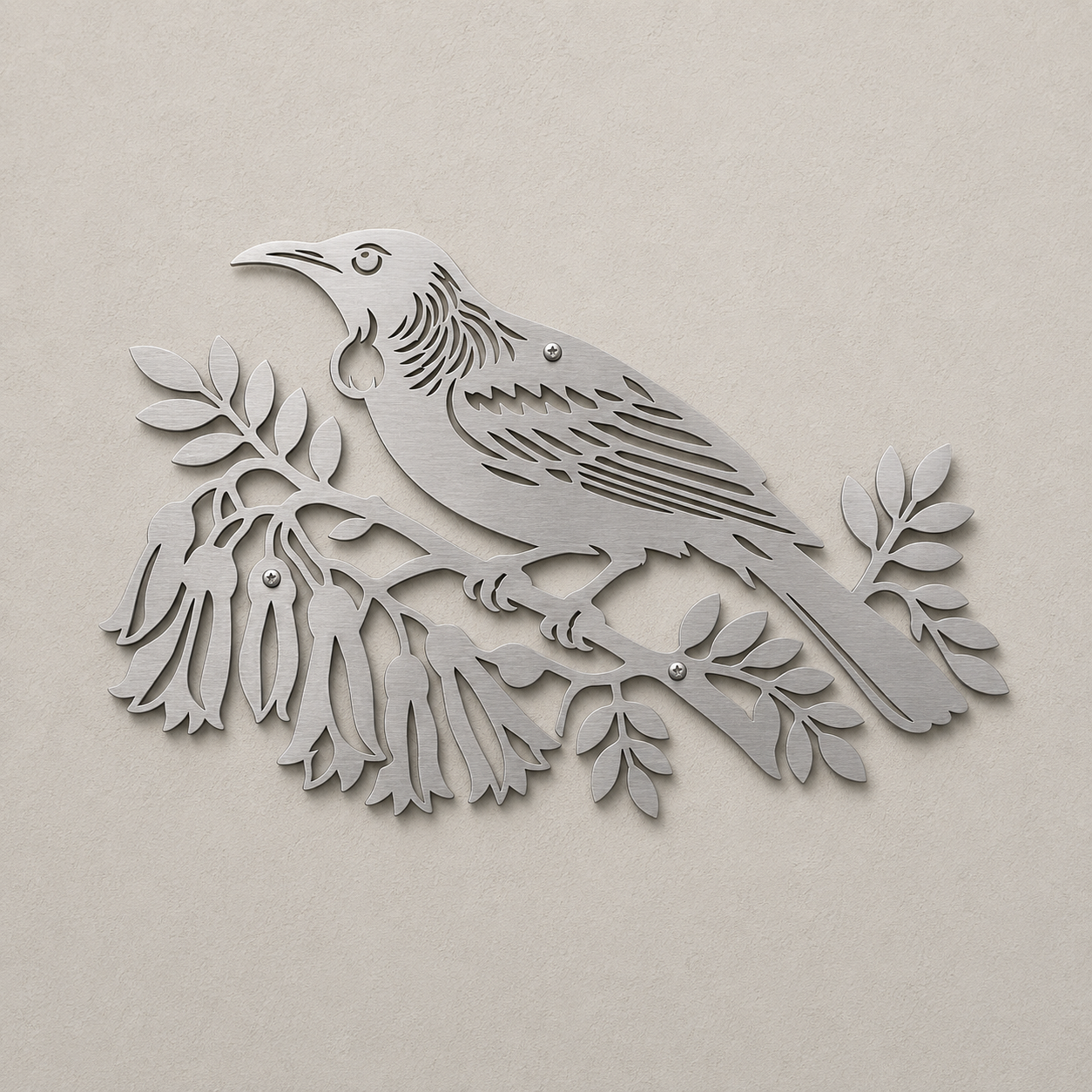 Stainless steel Tui Bird wall art – front view