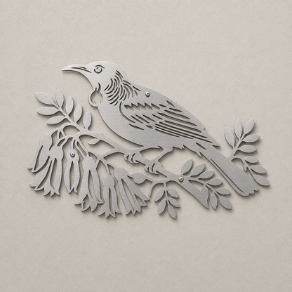Stainless steel Tui Bird wall art – front view