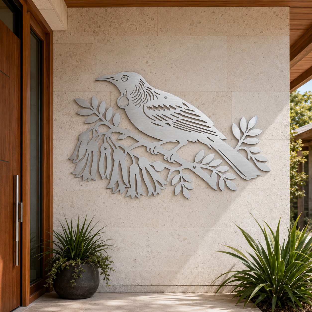 Stainless steel Tui Bird wall art in a garden setting